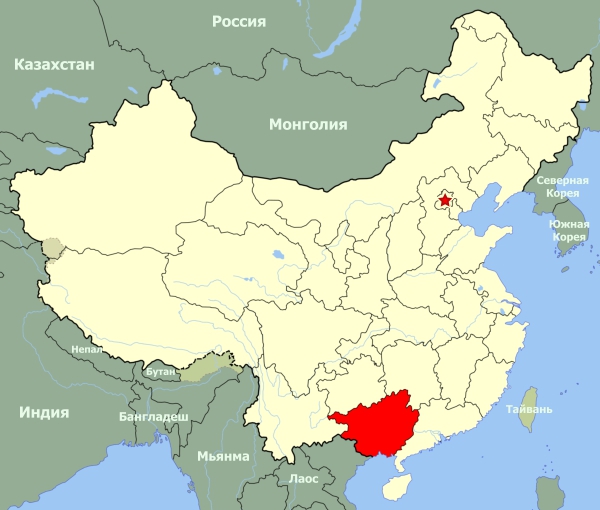 Гуанси-Чжуанский автономный район на карте Китая