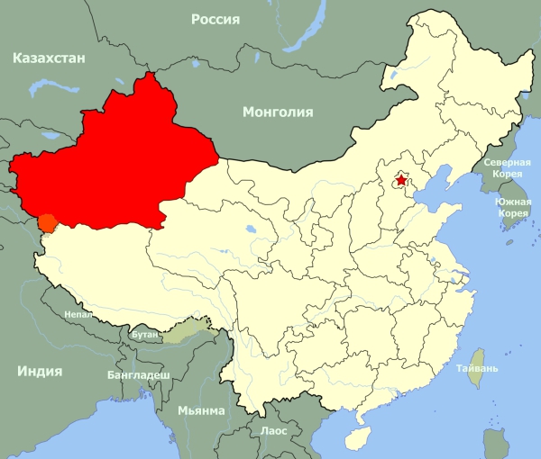 Синьцзян-Уйгурский автономный район на карте Китая