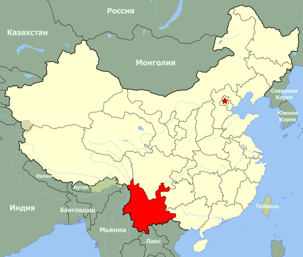 Юньнань на карте Китая